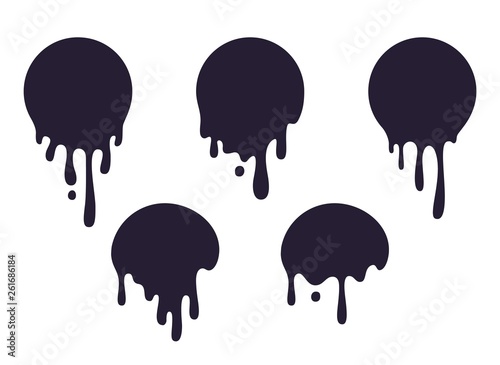Dripping circle paint. Round liquid blob drops, ink graffiti splash shape, chocolate caramel milk leak. Vector circular paint black splatter spot set