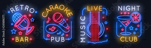 Neon music sign. Karaoke light logo, sound studio light emblem, night club graphic poster. Vector music bar neon label acoustic concert radio rock show entertainment