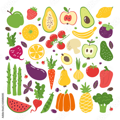 Doodle flat fruits and vegetables. Hand drawn berries potato onion tomato apples  vegetarian set. Vector fruits doodle sketch colourful organic illustrations fresh style