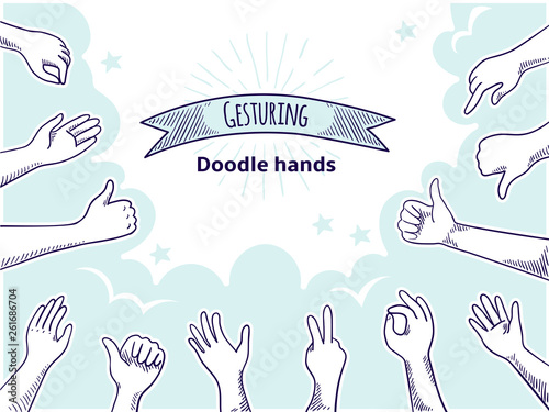 Doodle hands like dislike. Happy client hand drawn concept, thumb up and disagree business sketch. Vector old customer signs opinion point set