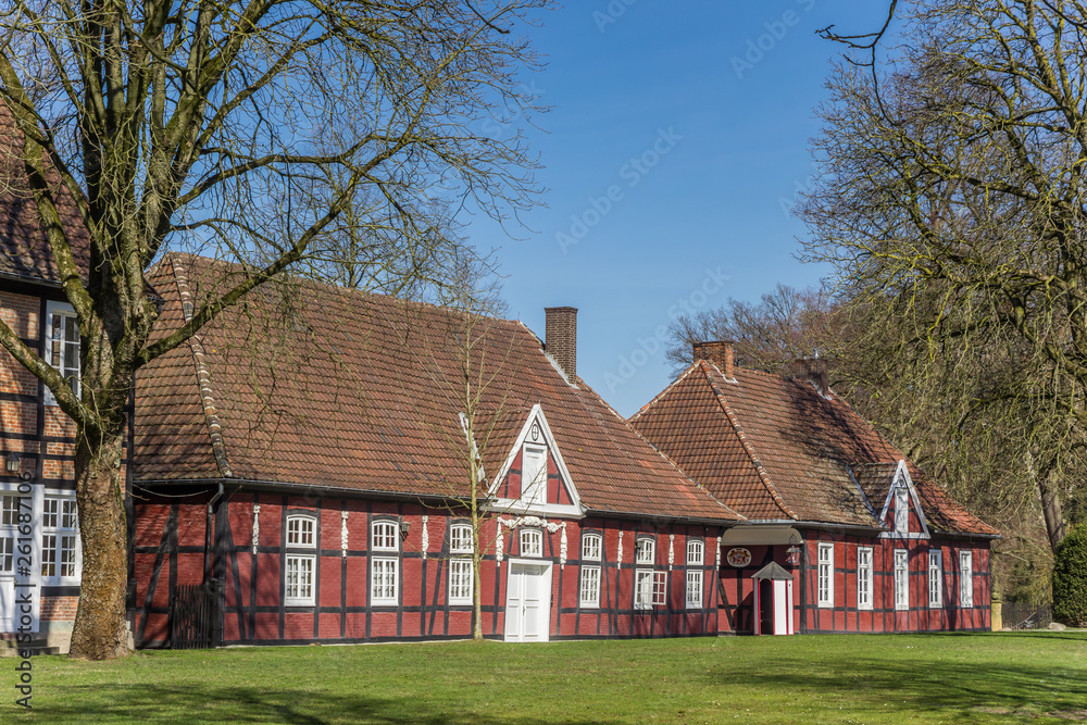 Red half timbered houses in the castle park in Rheda, Germany