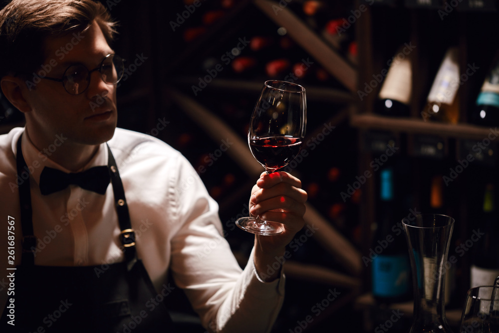 Cavist at store, sommelier at restaurant, critic. Wine Degustation. tasting experience in the club, man holding a glass of delicious wine. Cavist at store, sommelier at restaurant, critic. Wine Degustation. tasting experience in the club, man holding a glass of delicious wine.