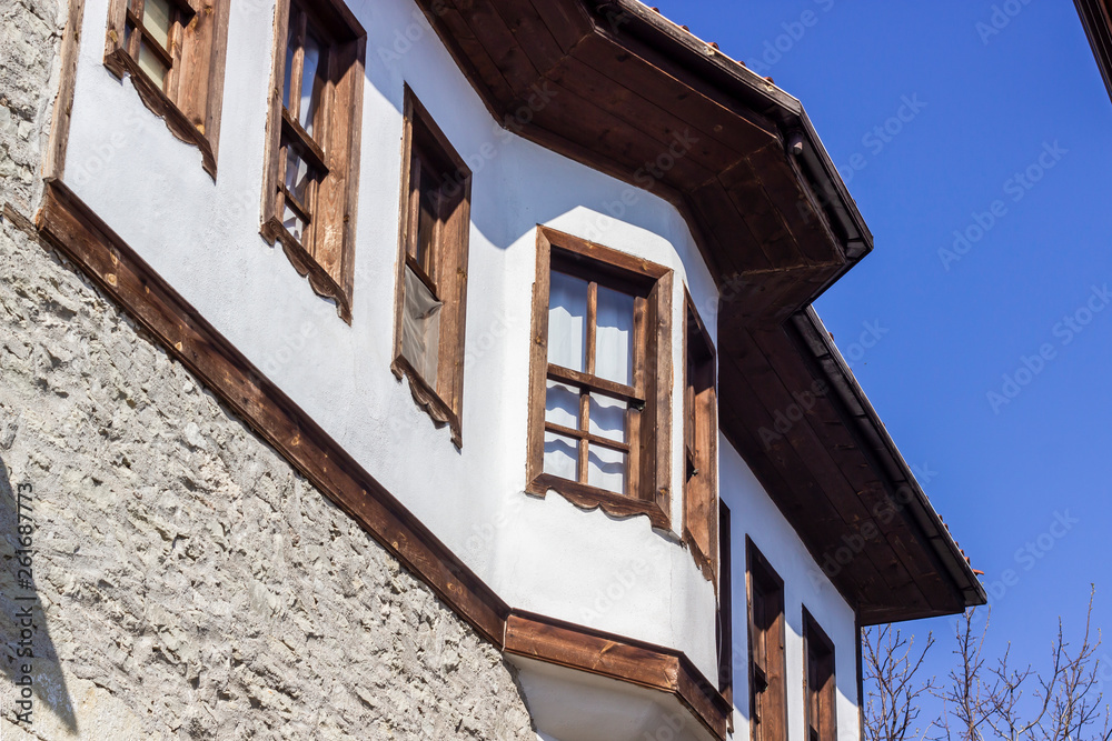 Horizontal shoot of facade wooden window old house in Safranbolu