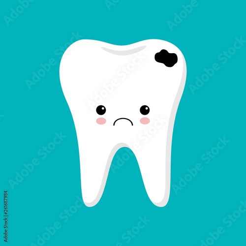 Tooth with caries icon. Cute tooth characters. Caries tooth. Kawaii illustration