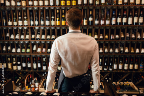 Rack with wine bottles and bartender or cavist man backside on foreground.
