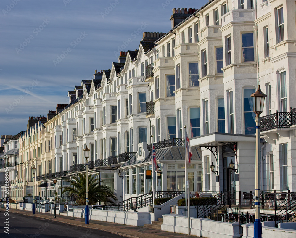 Seafront terrace, Eastbourne, East Sussex, England, UK.