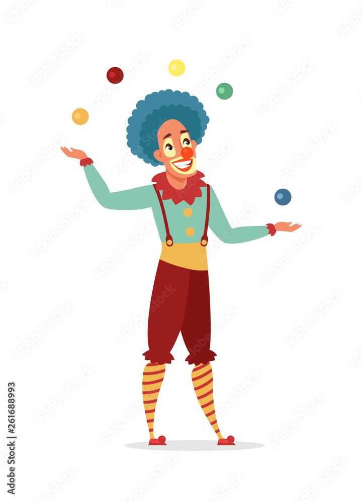 Circus clown juggling with colorful balls isolated on white background. Flat vector illustration.