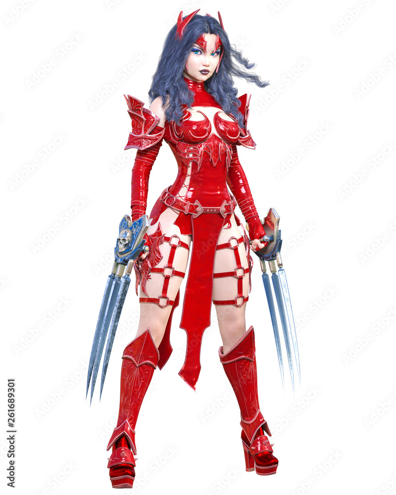 Warrior amazon woman sword and metal blade.Long dark hair.Elven warrior.Comic hero.Muscular athletic body.Girl standing aggressive pose.Conceptual fashion art.3D rendering isolate illustration Warrior amazon woman sword and metal blade.Long dark hair.Elven warrior.Comic hero.Muscular athletic body.Girl standing aggressive pose.Conceptual fashion art.3D rendering isolate illustration