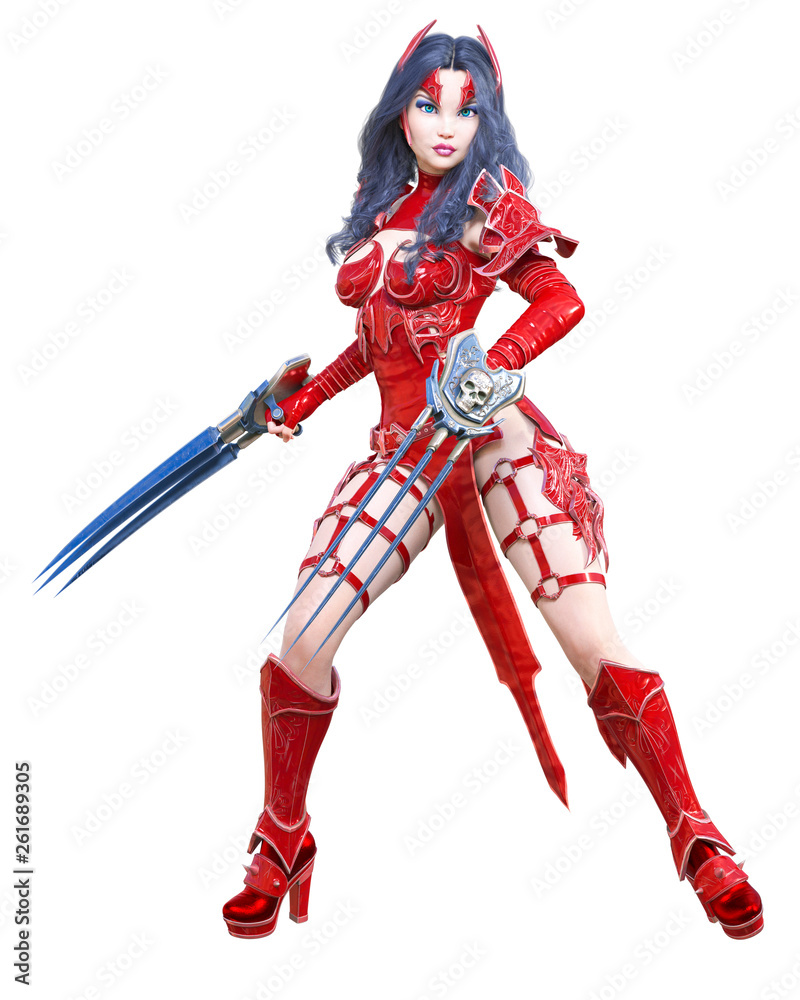 Warrior amazon woman sword and metal blade.Long dark hair.Elven warrior.Comic hero.Muscular athletic body.Girl standing aggressive pose.Conceptual fashion art.3D rendering isolate illustration Warrior amazon woman sword and metal blade.Long dark hair.Elven warrior.Comic hero.Muscular athletic body.Girl standing aggressive pose.Conceptual fashion art.3D rendering isolate illustration