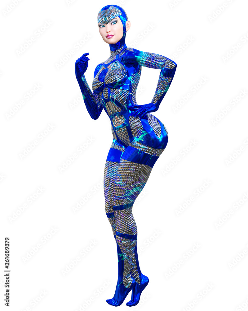 Cyborg droid robot woman futuristic metallic neon suit.Squama armor.Extravagant fashion art.Girl standing candid provocative pose.Realistic 3D rendering isolate illustration.Comic hero. Cyborg droid robot woman futuristic metallic neon suit.Squama armor.Extravagant fashion art.Girl standing candid provocative pose.Realistic 3D rendering isolate illustration.Comic hero.