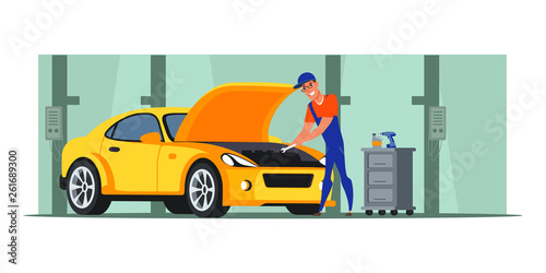 Car repair shop flat illustration