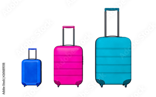 Three suitcase. Travel baggage concept. Minimal style. Copy space. Family holiday rest,recreation,relaxation. 3D rendering illustration isolate