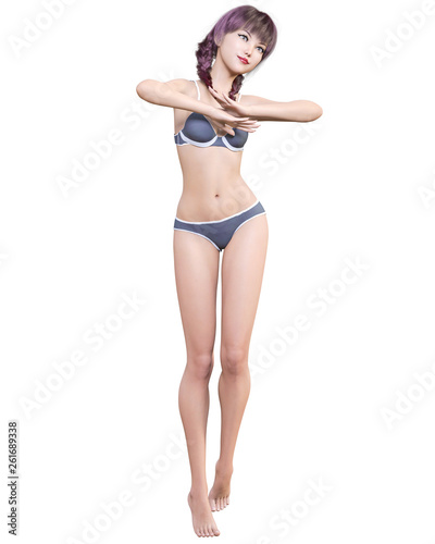3D beautiful summer beach blond woman blue swimsuit bikini.Summer rest.Conceptual fashion art.Seductive candid pose.Realistic render illustration.Isolate
