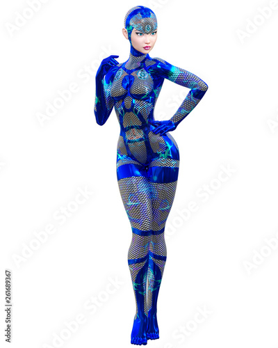 Cyborg droid robot woman futuristic metallic neon suit.Squama armor.Extravagant fashion art.Girl standing candid provocative pose.Realistic 3D rendering isolate illustration.Comic hero. © vladnikon