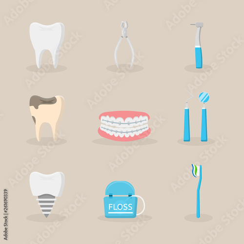 Dentistry items flat vector illustrations set