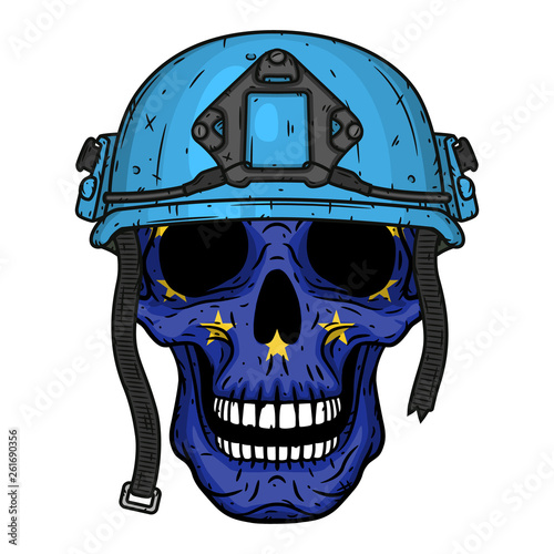 Skull with EU flag in blue helmet.