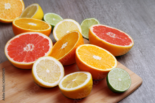 Mix of citrus fruits cut in different forms	