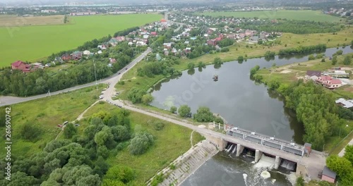 view from the top of the mini hydro station in the village, 4k video