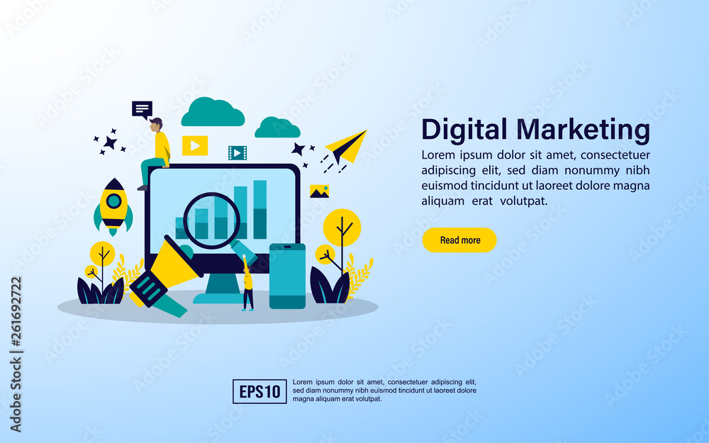 Concept for Digital marketing agency, digital media campaign flat vector  illustration with icons. Template for web landing page, banner,  presentation, social media, poster, advertising, promotion vector de Stock  | Adobe Stock