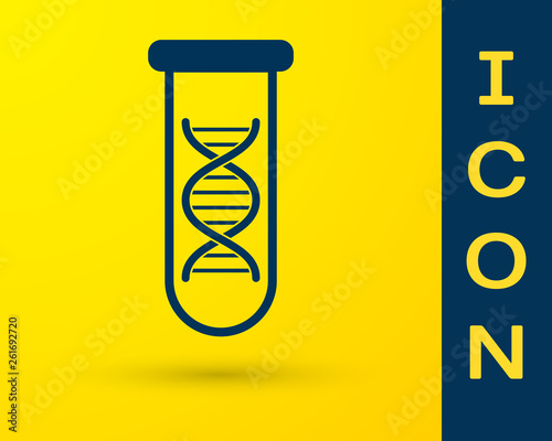 Blue DNA research, search icon isolated on yellow background. Genetic engineering, genetics testing, cloning, paternity testing. Vector Illustration