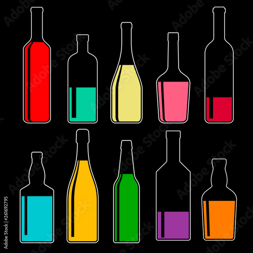 set of transparent bottles with alcoholic drinks on dark background, vector color illustrations.