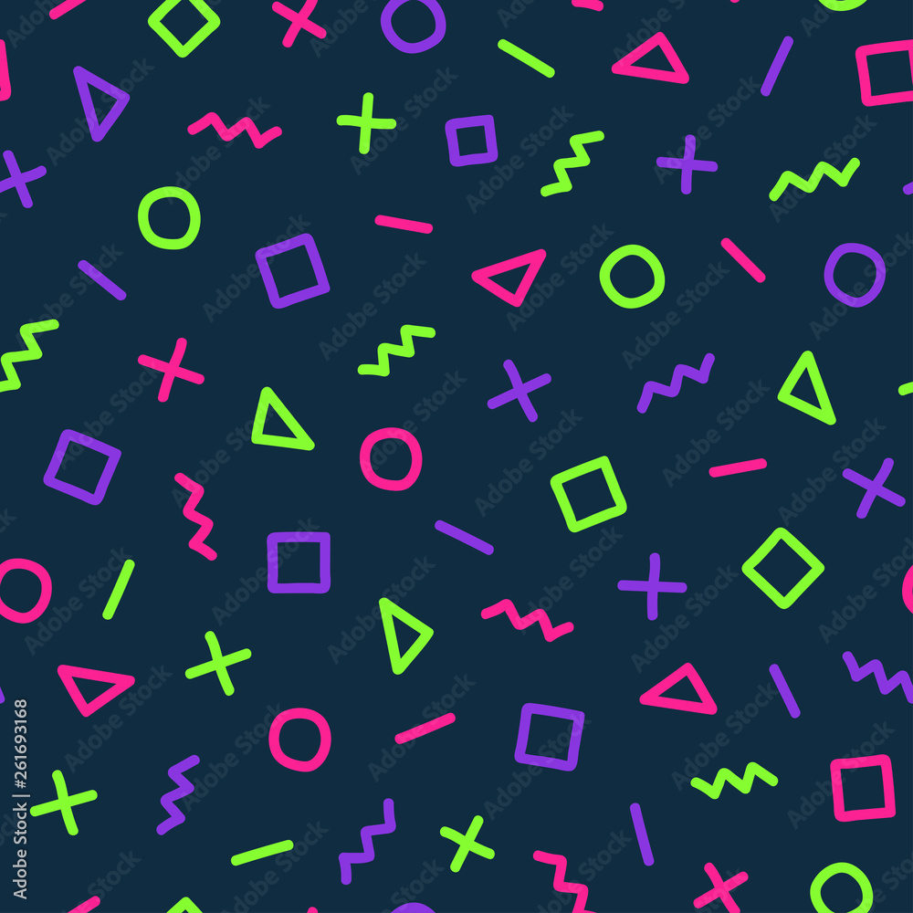 Illustration of modern style seamless colorful abstract hand draw memphis geometric pattern on dark blue background. Neon color. Vector Illustration of modern style seamless colorful abstract hand draw memphis geometric pattern on dark blue background. Neon color. Vector