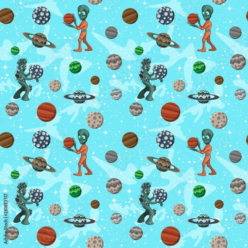 Seamless space pattern with cartoon planets, childish vector space illustration