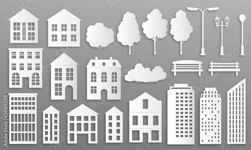 Paper cut buildings. House mansions silhouettes, white origami city cottage, town houses with park elements. Home vector origami buildings for design minimalist construction city exterior