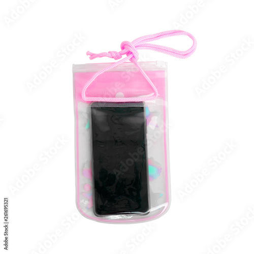 Waterproof Case for Mobile Phone with Water Droplets isolated on White Background with Clipping Path. Pink Pastel Zip Lock Bag Protect Smartphone. Concept for Songkran Water Festival in Thailand.