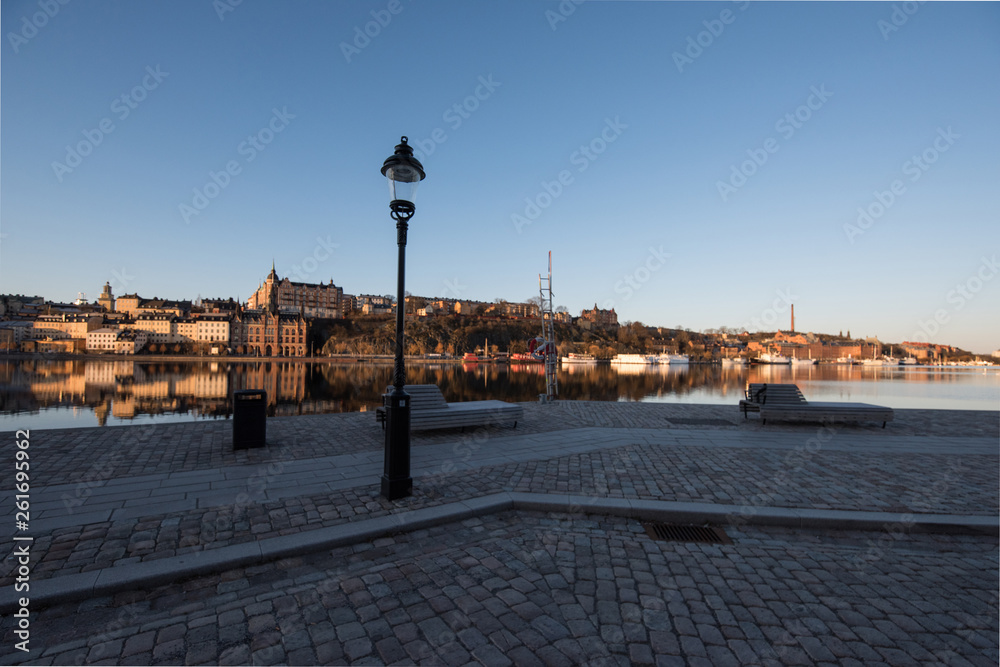 View over old houses in the Södermalm district a spring day at sunrise in Stockholm from the Riddarholmen island