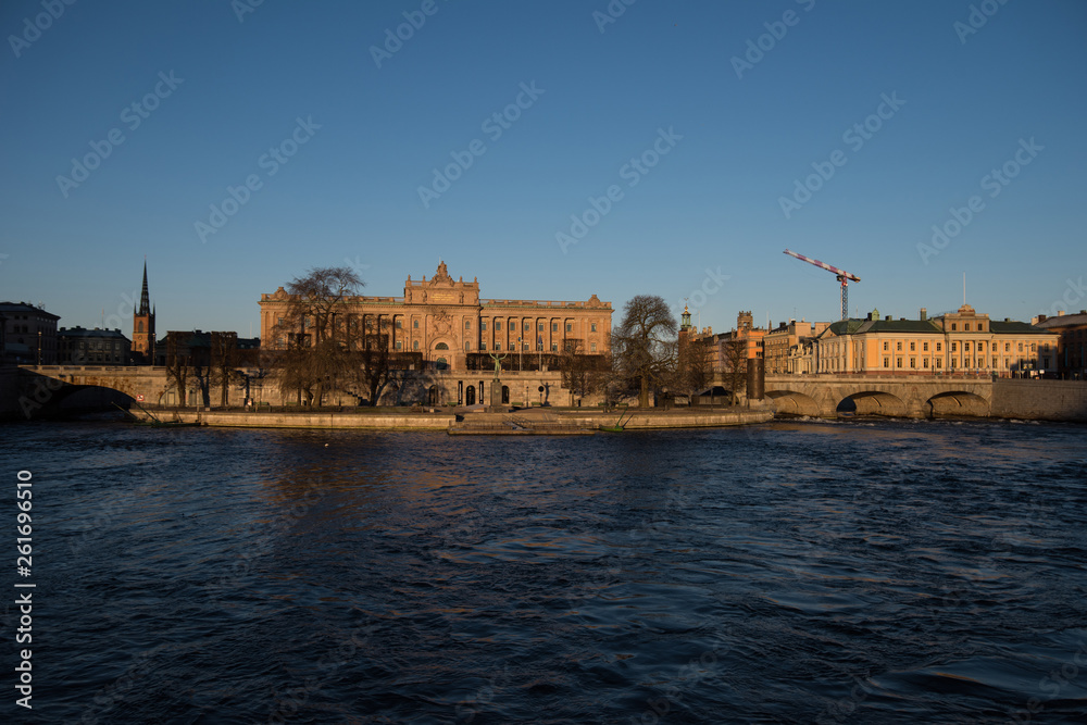 Government buildings and castle a spring day at sunrise in Stockholm