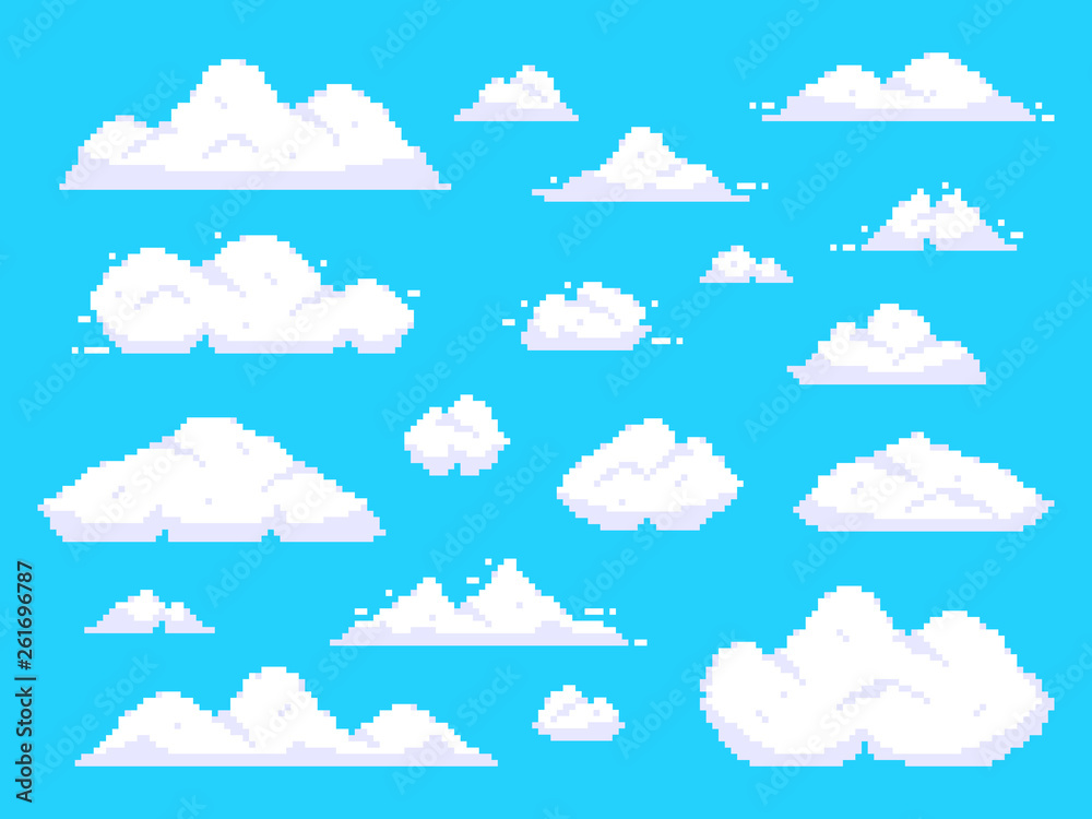 Naklejka Chmury pikseli. Retro 8 kawałków niebieskiego nieba anteny chmury piksla sztuki tła wektoru ilustracja