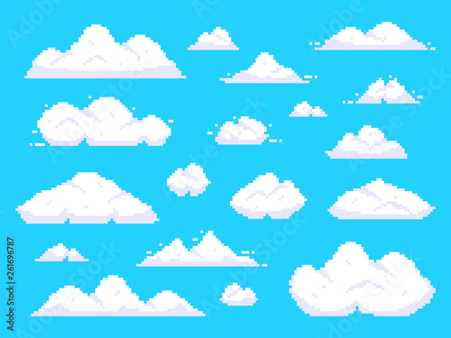 Pixel clouds. Retro 8 bit blue sky aerial cloud pixel art background vector illustration