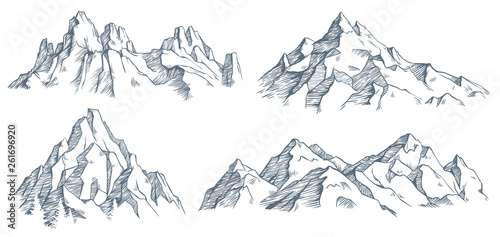 Mountains peak engraving. Vintage engraved sketch of valley with mountain landscape and old forest trees. vector illustration