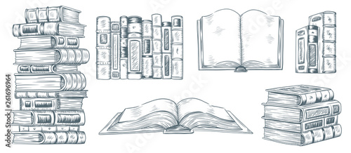 Hand drawing books. Drawn sketch of literature. School or college students library book illustration vector collection