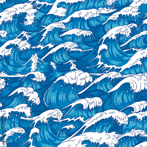 3D Fototapete Wellen - Fototapete Storm waves seamless pattern. Raging ocean water, sea wave and vintage japanese storms print vector illustration background