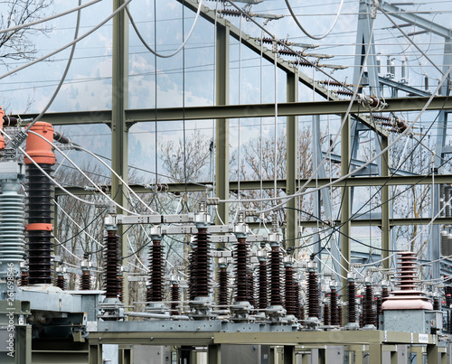 detail view of transformers and conduits at an electric power station photo