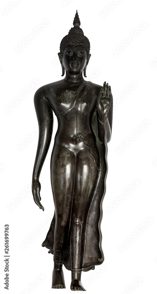 A Walking Buddha image in the style of  sukhothai period  used as amulets of Buddhism religion with Clipping Path.