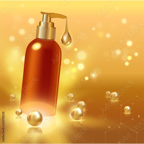 Realistic cosmetic tube with gold drop and pearls. Ad concept for collagen or moisturizing creme or liquid. Background with lighting effect.