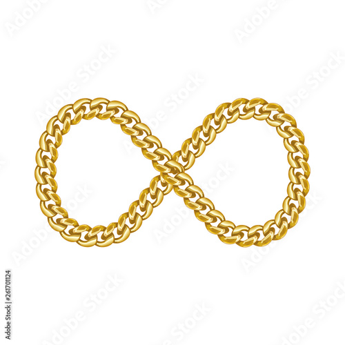 Infinity sign symbol icon made of gold chain.