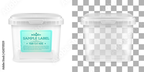 Vector transparent square empty plastic bucket with label. Front view.