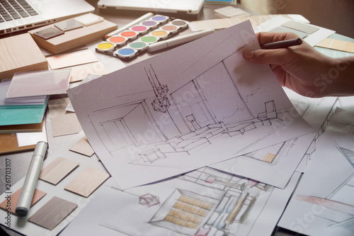 Architect designer Interior creative working hand drawing sketch plan blue print selection material color samples art tools Design Studio