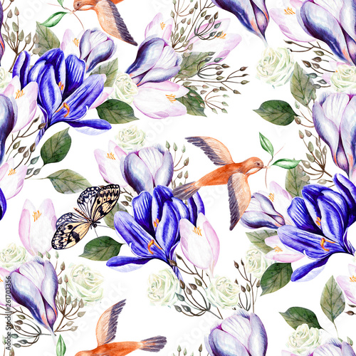 Beautiful watercolor seamless wedding pattern with eucaluptys, crocus and butterfly.  photo