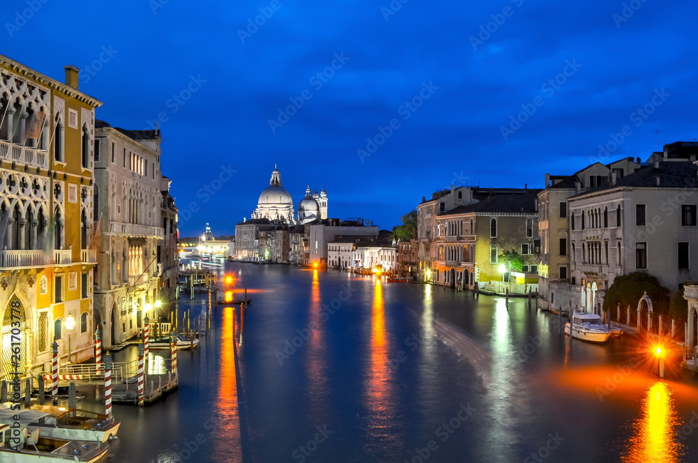 Venice Grand canal and Santa Maria della Salute church at night, Italy