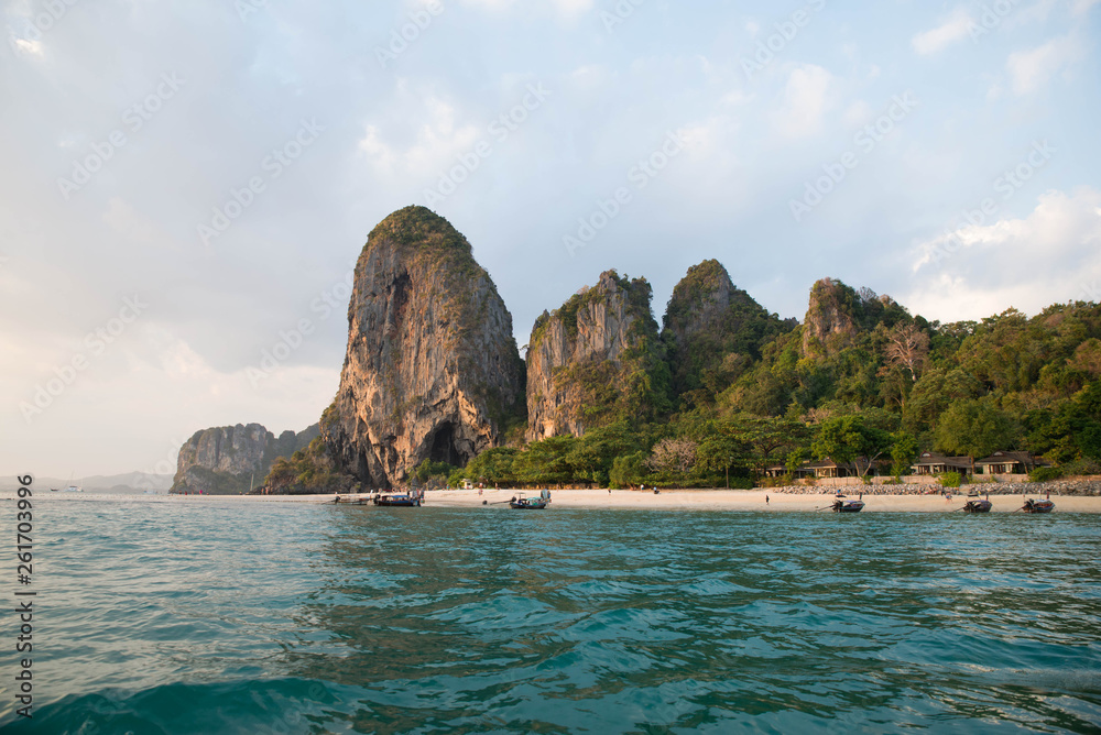 Paradise tropical beach view from a boat in Krabi, Thailand