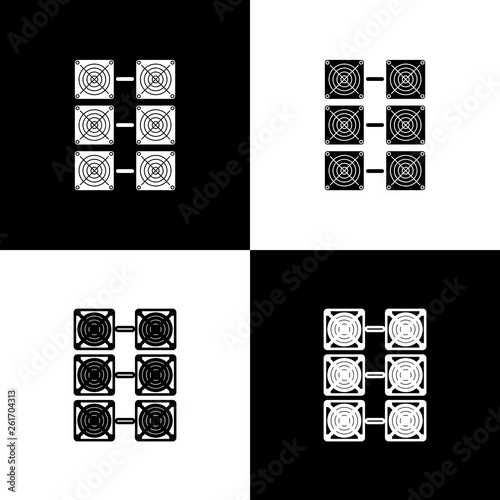 Set Mining farm icons on black and white background. Cryptocurrency mining, blockchain technology, bitcoin, digital money market, cryptocoin wallet. Line, outline and linear icon. Vector Illustration