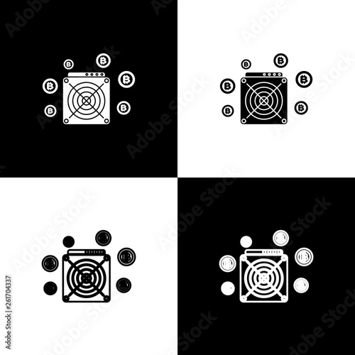 Set ASIC Miner icons on black and white background. Cryptocurrency mining equipment and hardware. Application specific integrated circuit. Line, outline and linear icon. Vector Illustration