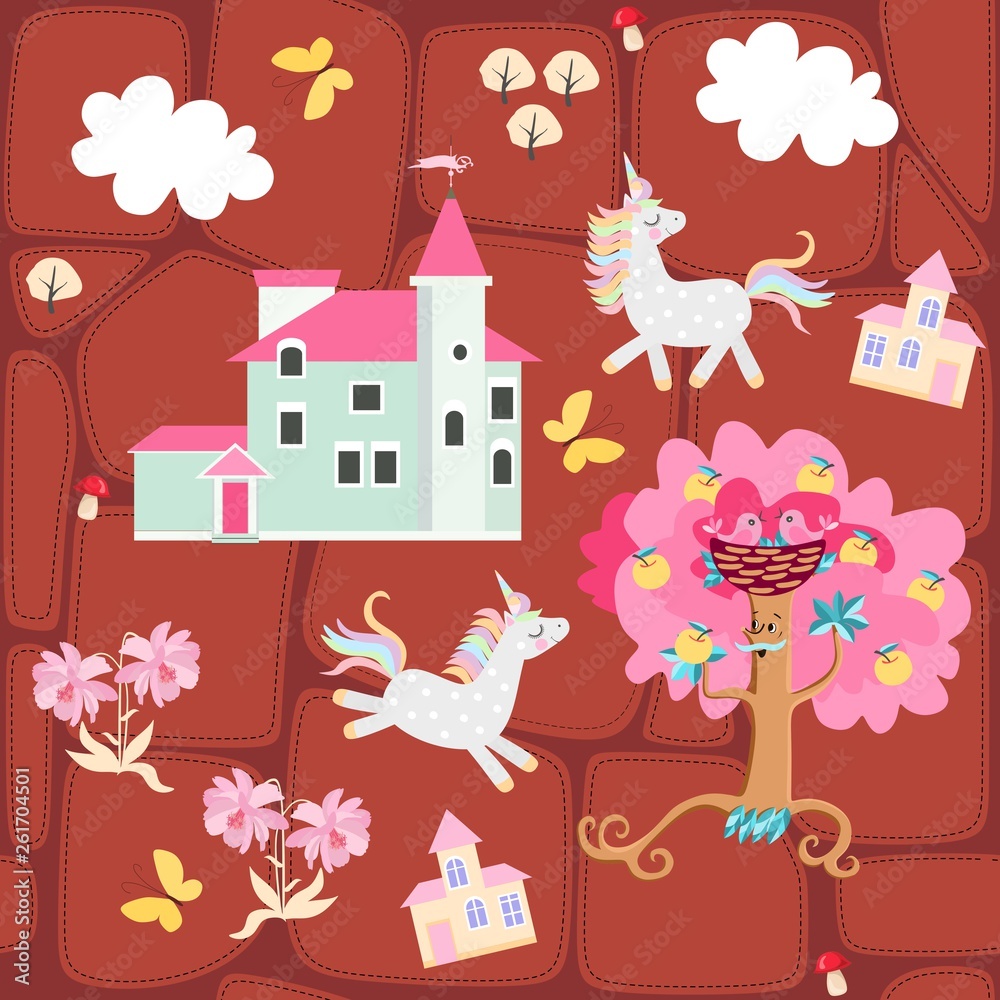 Seamless print for fabric or wallpaper for children. Patchwork background with castle, unicorns,butterflies, apple tree and clouds. Seamless print for fabric or wallpaper for children. Patchwork background with castle, unicorns,butterflies, apple tree and clouds.