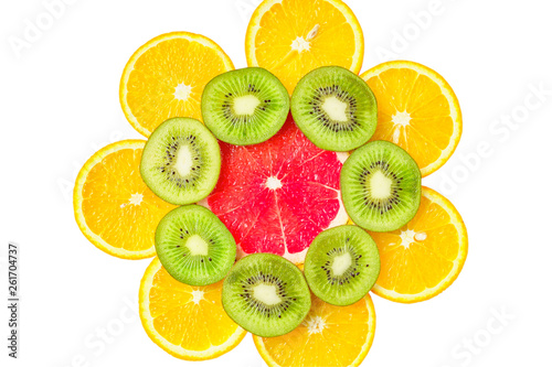 citrus slice  kiwi  oranges and grapefruits isolated on white background. Fruits backdrop