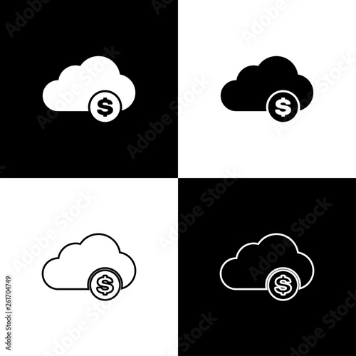 Set Cryptocurrency cloud mining icons on black and white background. Blockchain technology, bitcoin, digital money market, cryptocoin wallet. Line, outline and linear icon. Vector Illustration